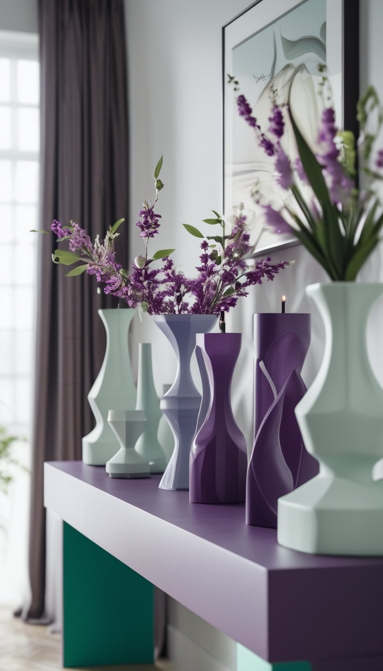 A console table decorated with plum and mint colored items and sculptural candleholders.