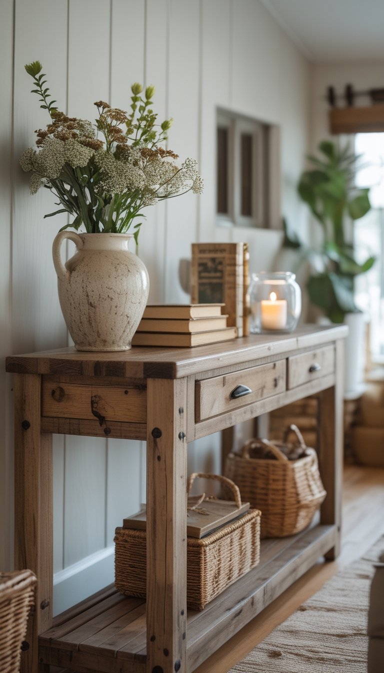 A wooden console table indoors decorated with flowers, books, a basket, and a candle, set in a cozy living space with natural light.