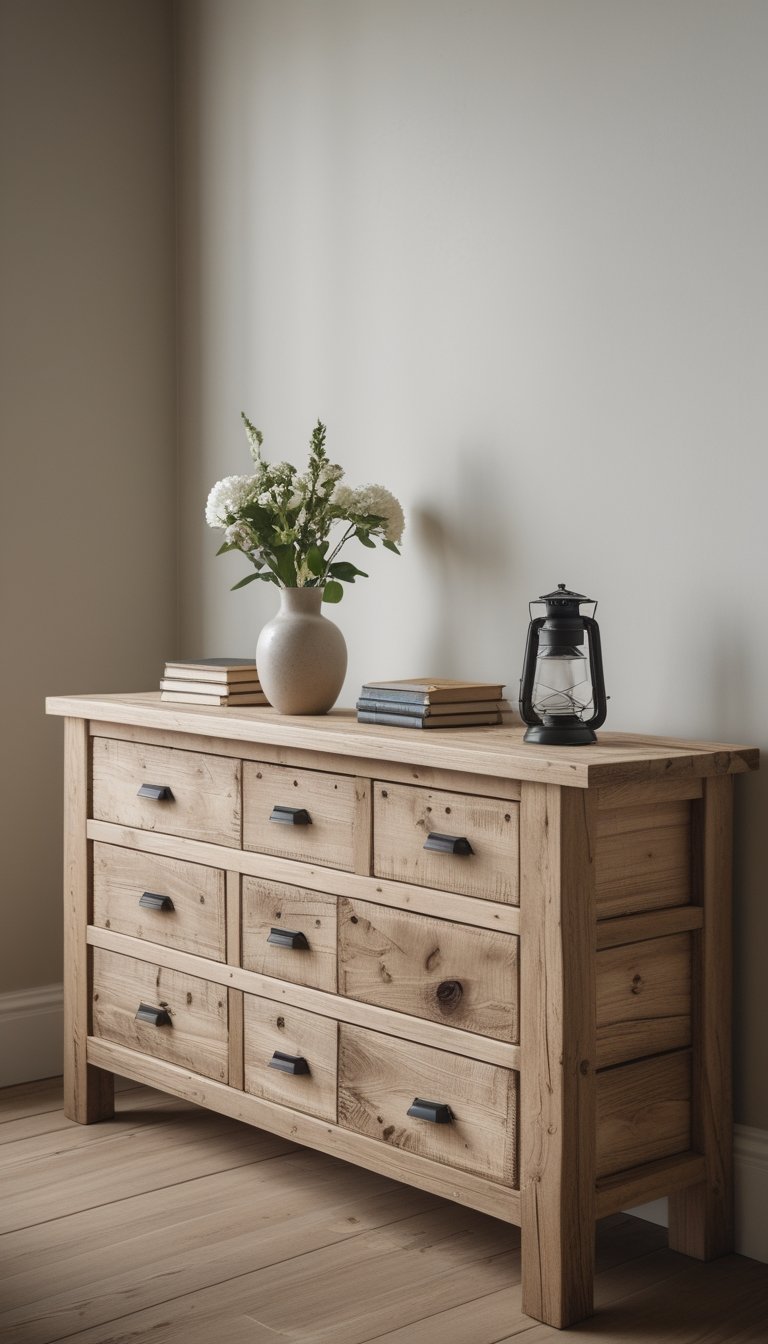 A wooden console table with drawers against a plain wall, decorated with a vase of flowers, books, and a lantern.
