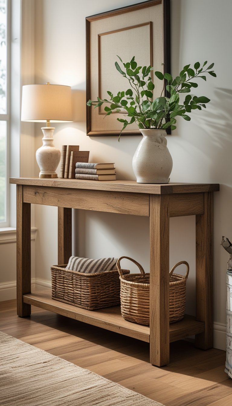 A wooden console table with decorative items including a vase with greenery, books, and a lamp, placed against a light wall in a cozy indoor room.