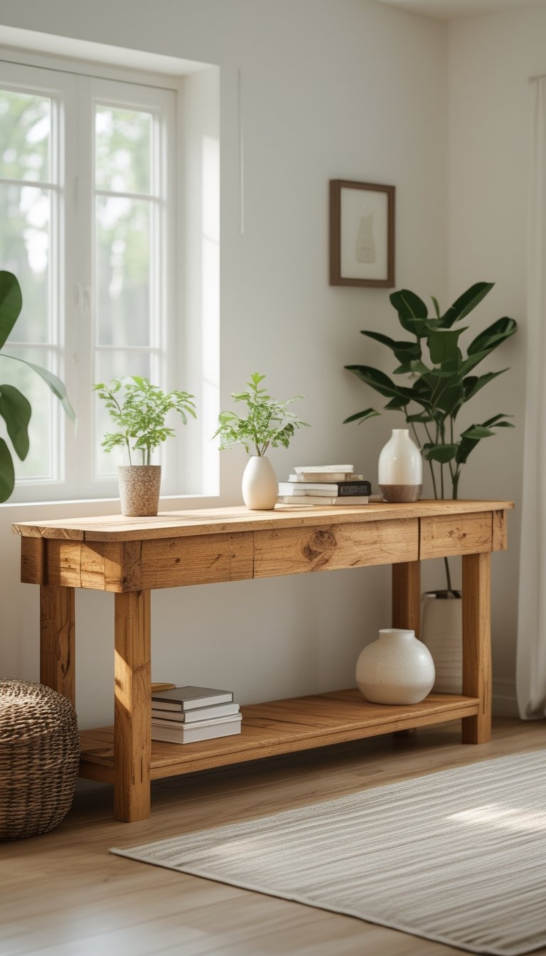 A wooden console table with decorative items in a bright, cozy living room.