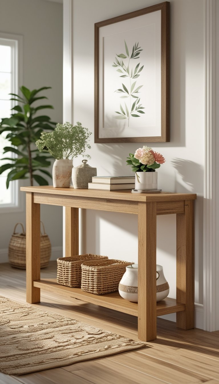 Wooden console table with an open shelf displaying decorative items in a bright indoor entryway.