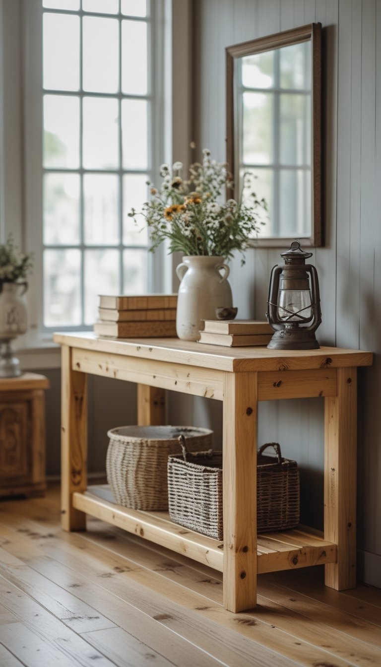 A rustic pine console table indoors with decorative items including a vase of flowers, books, and a lantern, set in a cozy room with natural light.