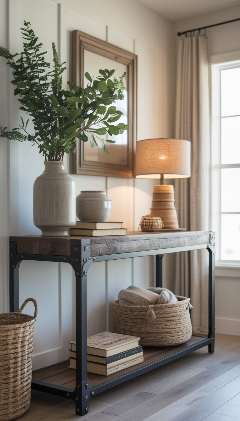 A wooden and metal console table decorated with a vase, books, and a lamp in a well-lit living room.