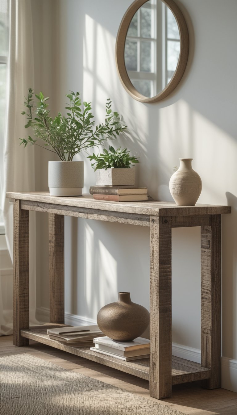 A narrow wooden console table with decorative items placed indoors against a light wall.