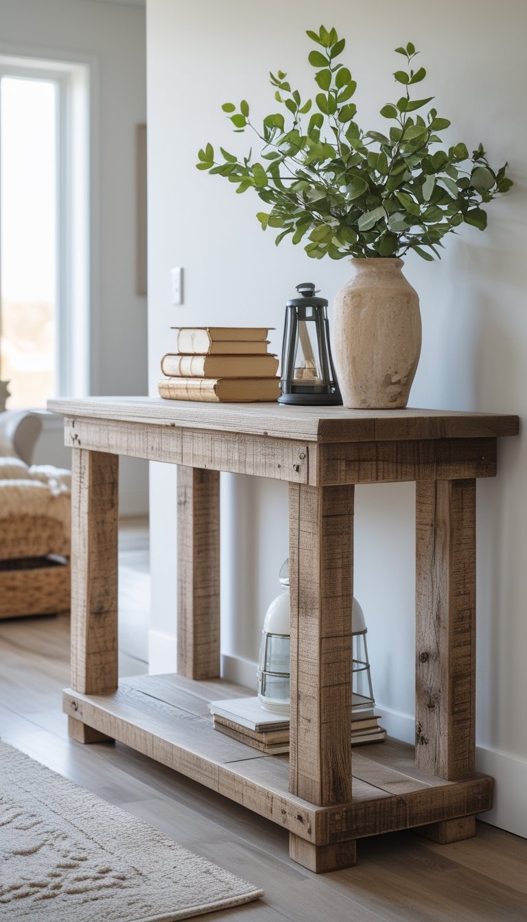 A wooden console table with decorative items in a bright room with wooden floors and natural light.