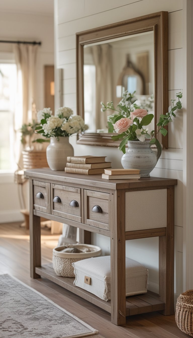 A wooden console table with upholstered drawers in a bright indoor room decorated with plants and books.
