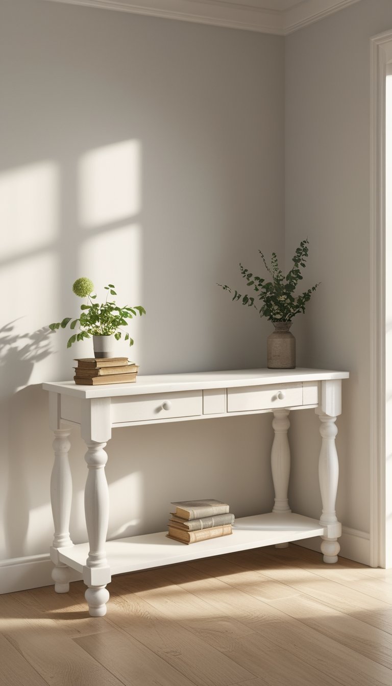 A white console table with decorative items on top, placed indoors against a light wall and wooden floor.