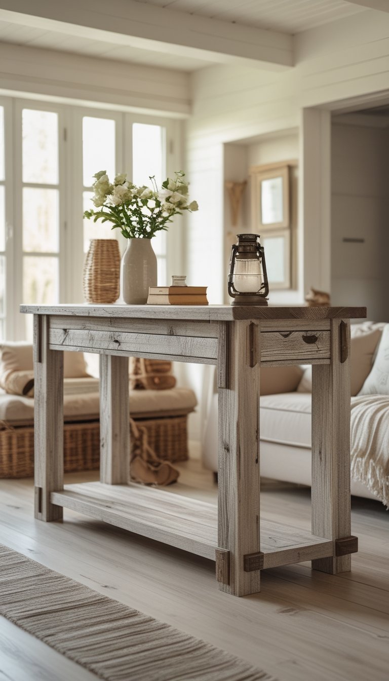 Wooden console table with decorative items in a bright, cozy living room.