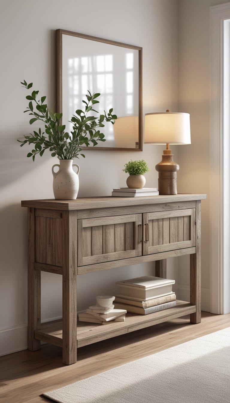 A wooden console table with decorative items placed against a light-colored wall in a well-lit indoor room.