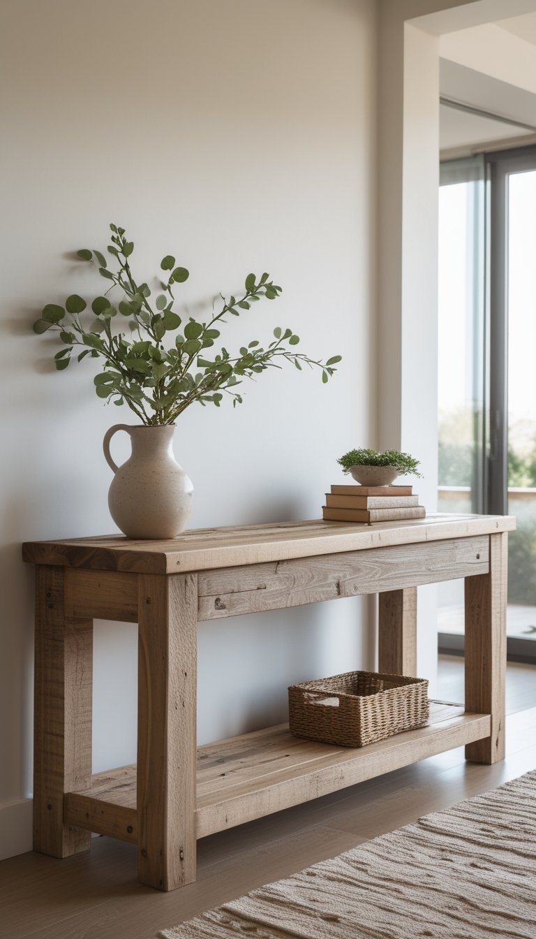 A wooden console table with decorative items placed in a bright indoor living space.