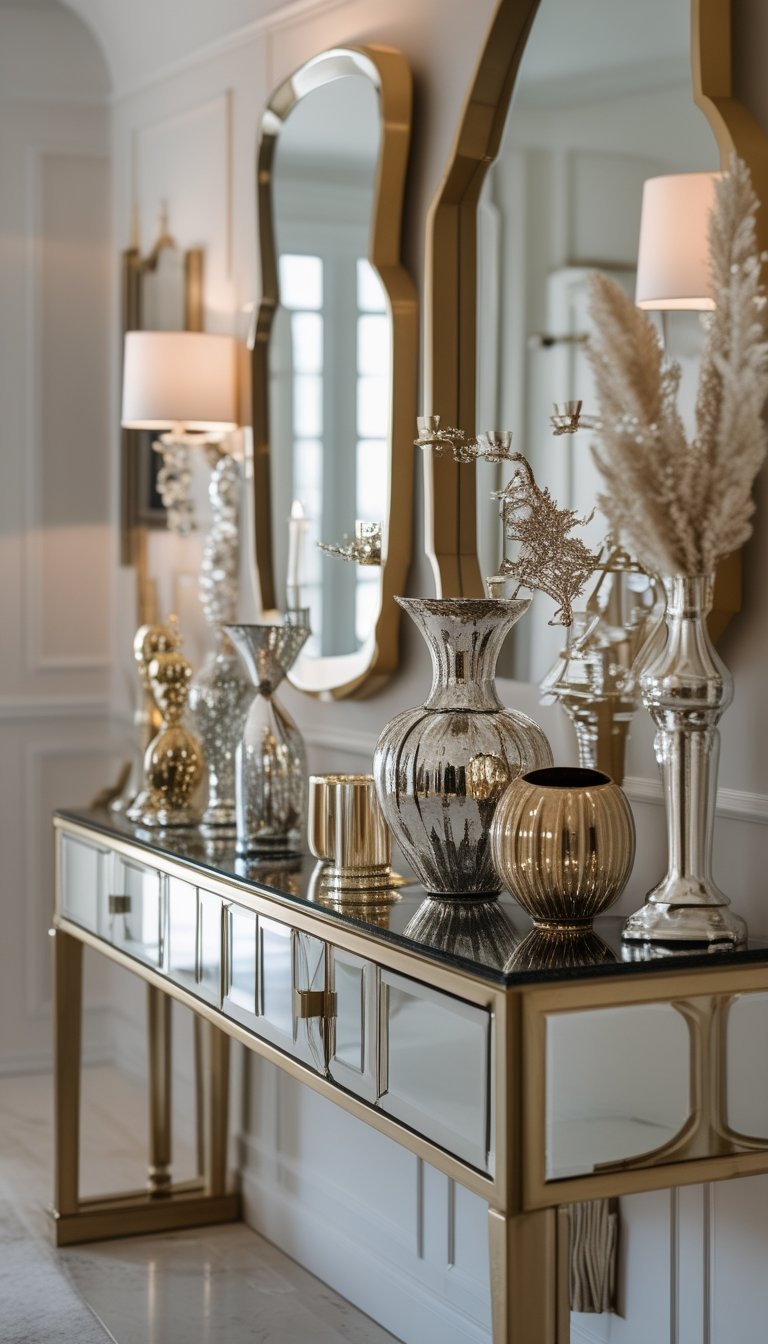 A console table decorated with mirrors, metallic vases, candle holders, and sculptural accents against a neutral background.