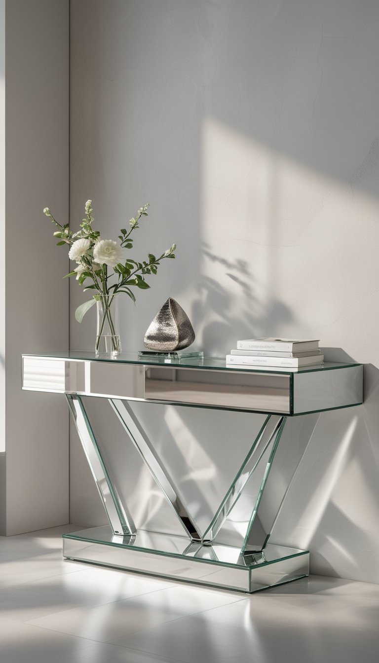 A mirrored glass console table with a geometric silver base in a bright room, decorated with a vase of flowers, a sculpture, and books.