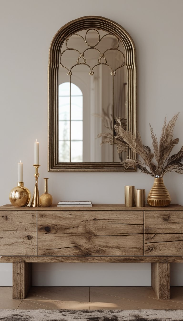 An arched brass wall mirror hanging above a wooden console table with decorative metal accents on it.