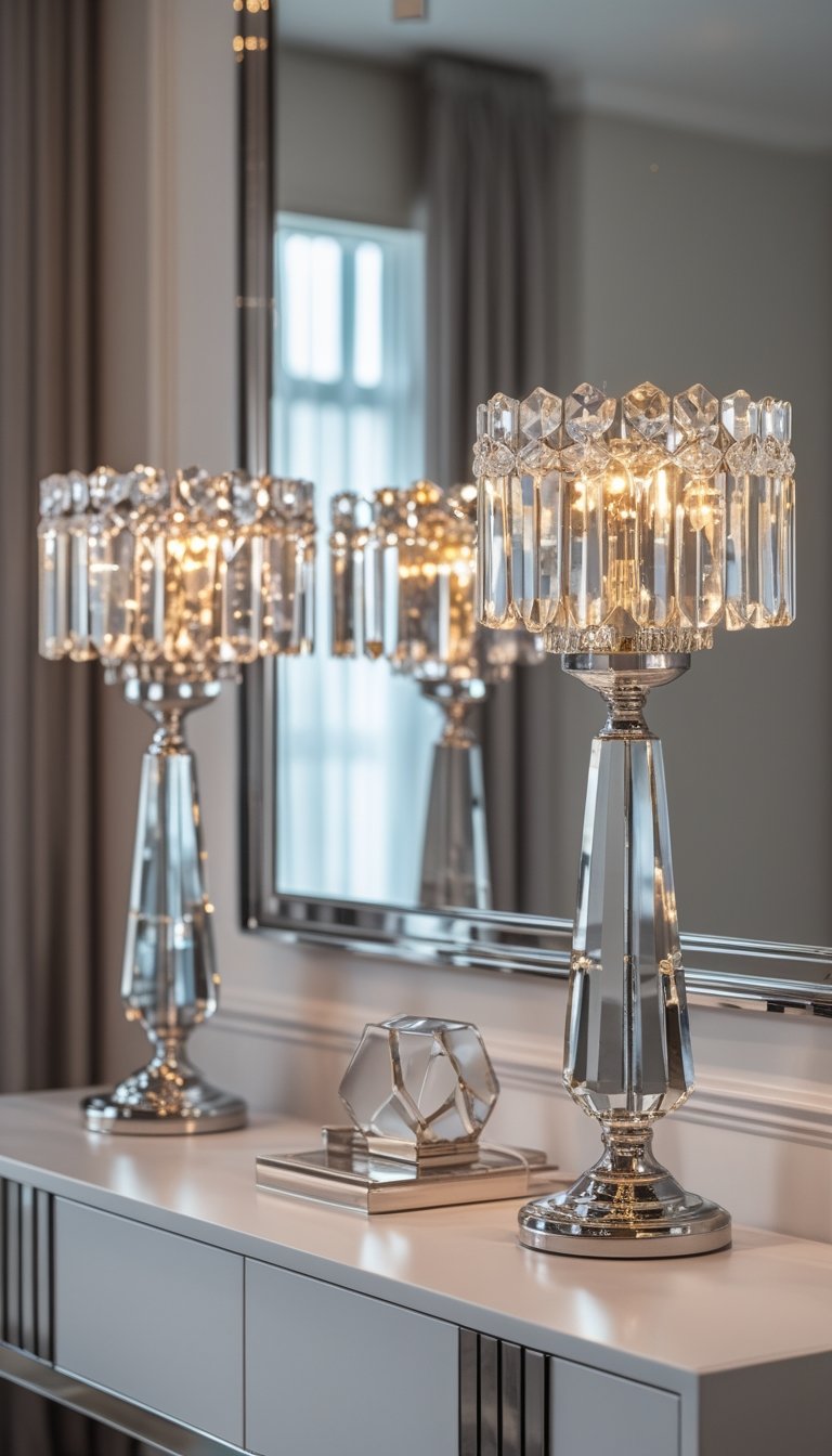 A pair of crystal table lamps with chrome bases on a console table in front of a large mirror.