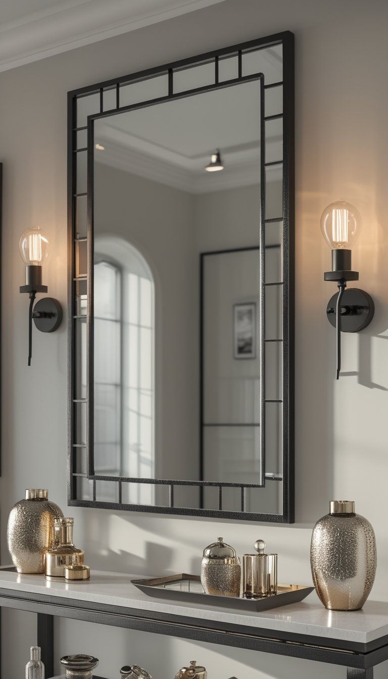 A rectangular mirror with a black iron frame hangs on a wall with Edison bulb sconces on each side above a console table decorated with metallic and glass items.