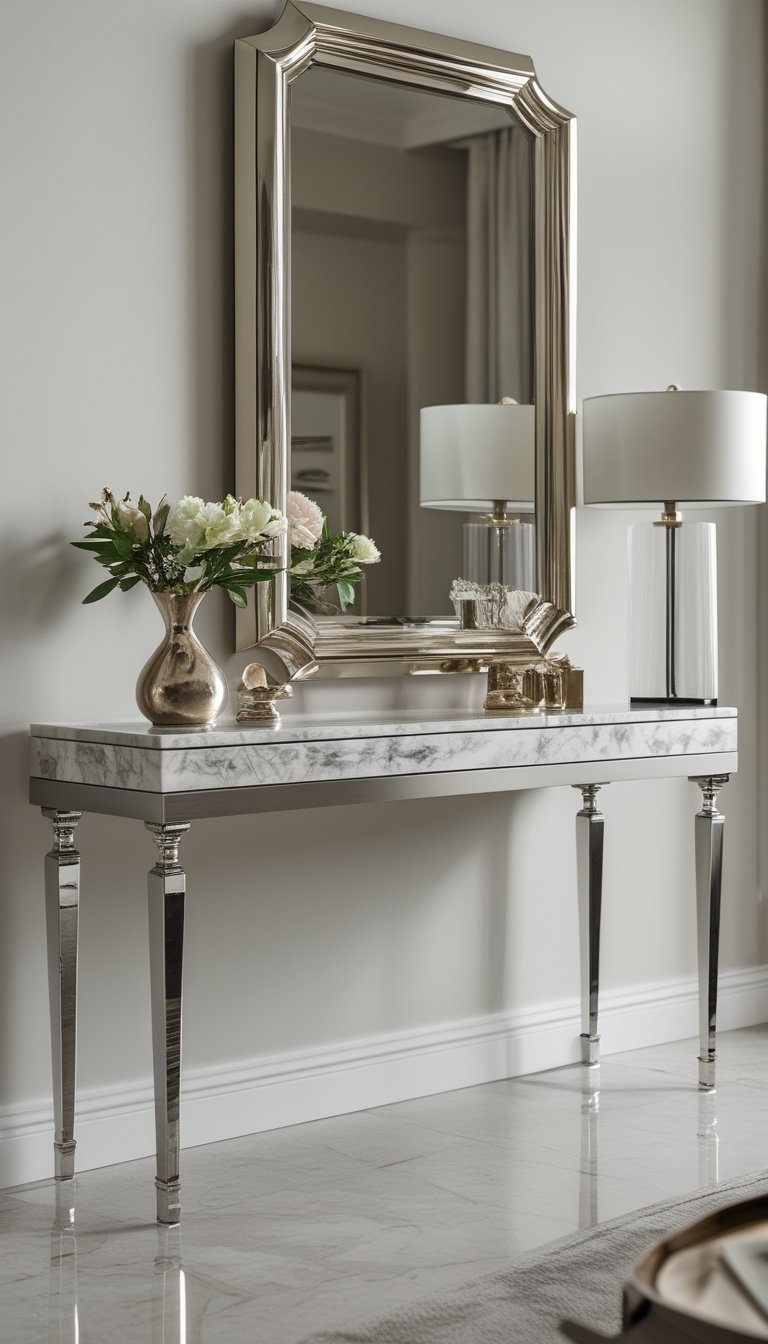 A marble-top console table with polished metal legs, decorated with a mirror, lamp, vase with flowers, and decorative objects on a light wall background.