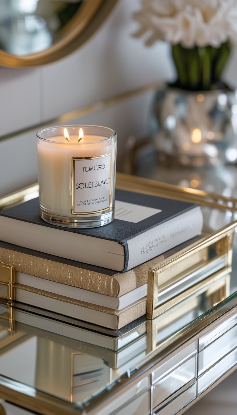 A mirrored tray on a console table holding a lit candle and decorative books.
