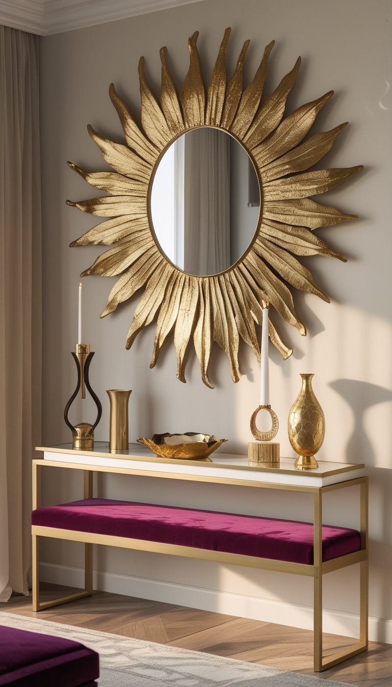 A gold sunburst mirror hangs above a velvet bench next to a console table with metallic decorative items.