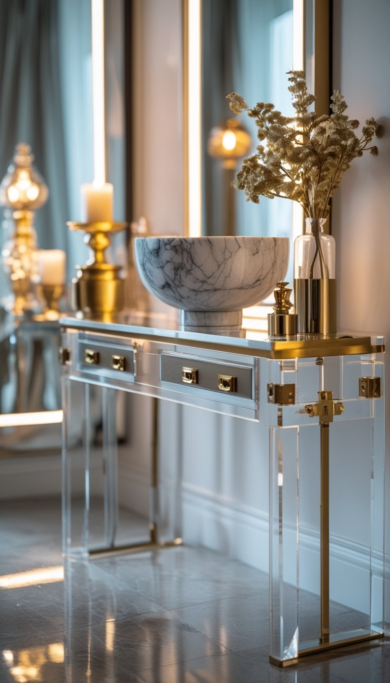 A clear acrylic console table with brass handles and a marble bowl on top, placed in a bright room with a large mirror and decorative metal accents.