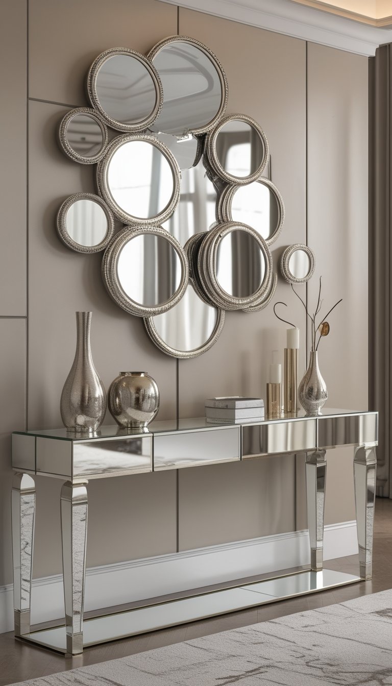 A wall with multiple round beveled mirrors arranged above a mirrored console table decorated with metallic vases and candles.