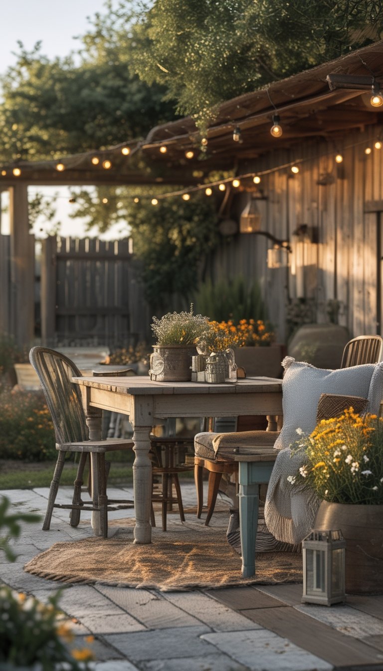 An outdoor patio with wooden furniture, string lights, potted plants, and cozy cushions under soft sunlight.