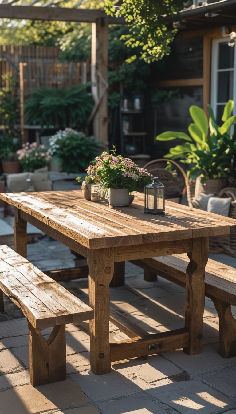 Outdoor dining table and bench made of reclaimed wood on a patio surrounded by plants and natural light.