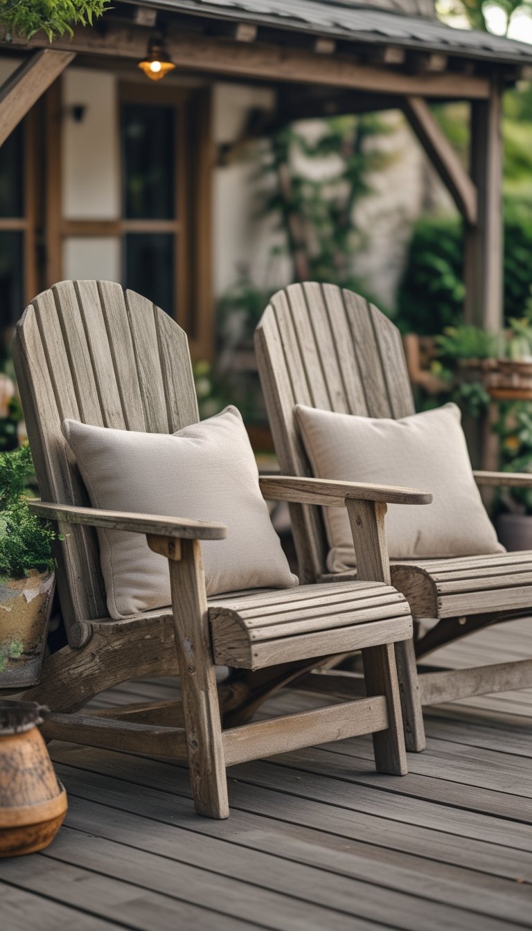 Two weathered wooden Adirondack chairs with neutral cushions on a rustic outdoor patio surrounded by plants.