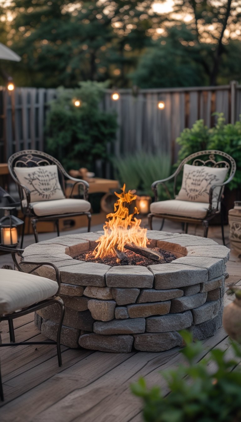 Stone fire pit surrounded by vintage metal bistro chairs in an outdoor patio setting.