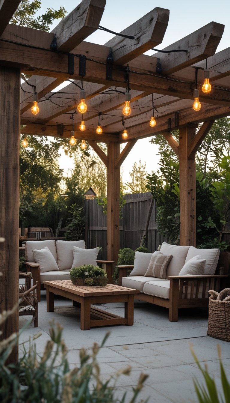 Outdoor patio with a wooden pergola and hanging Edison light bulbs.