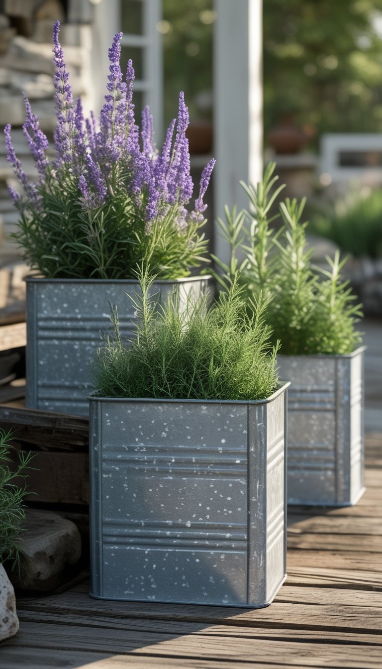 Galvanized metal planter boxes filled with lavender and rosemary plants on an outdoor patio.
