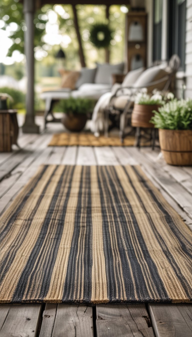 Outdoor patio with a woven jute rug in faded stripes placed on a wooden floor, surrounded by rustic furniture and plants.