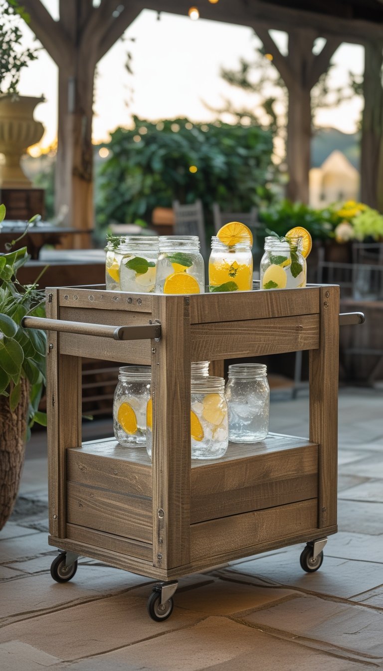 Outdoor bar cart made of distressed wood with mason jar glasses on a patio surrounded by plants.