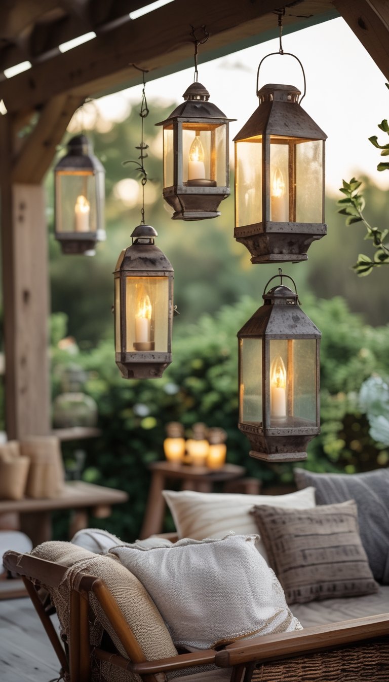 Outdoor patio with multiple rustic lanterns hanging at different heights surrounded by greenery and wooden furniture.