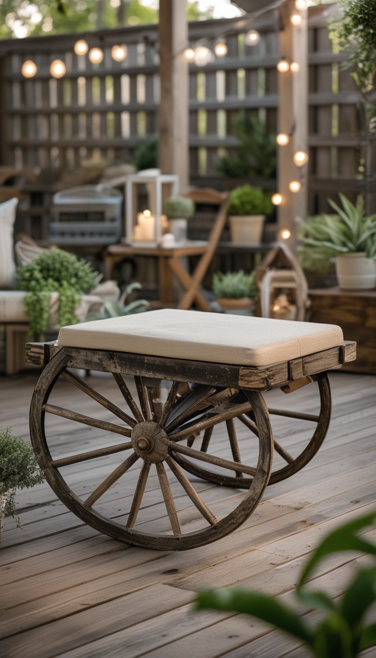 Outdoor patio with a vintage wagon-wheel coffee table converted into a cushioned bench surrounded by plants and wooden decor.