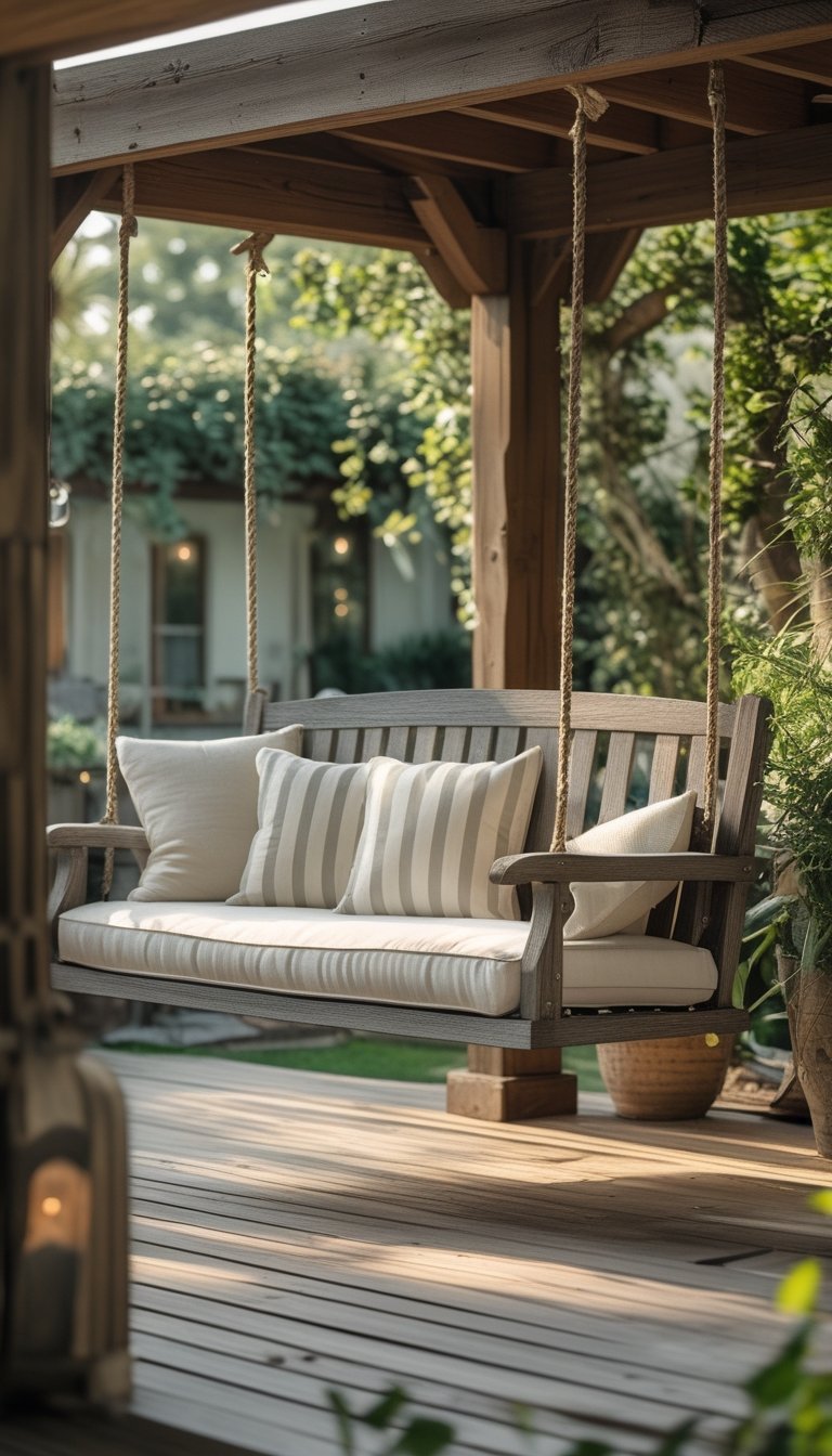 An outdoor wooden swing bench with striped cushions hanging in a garden patio surrounded by plants.