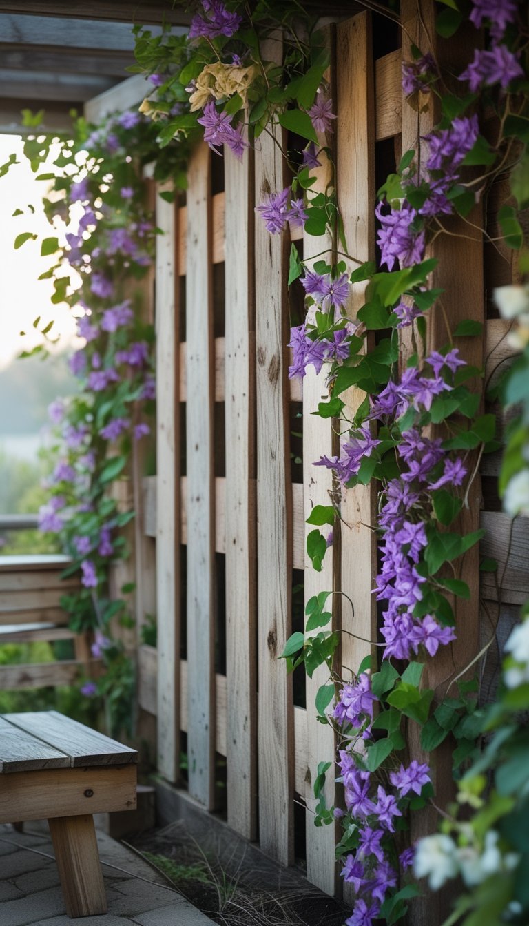A wooden pallet privacy screen with purple and white clematis flowers climbing on it in an outdoor patio setting.