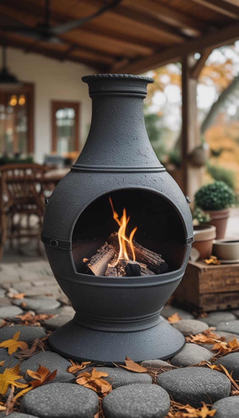 Cast-iron chiminea on a cobblestone hearth in an outdoor patio setting.