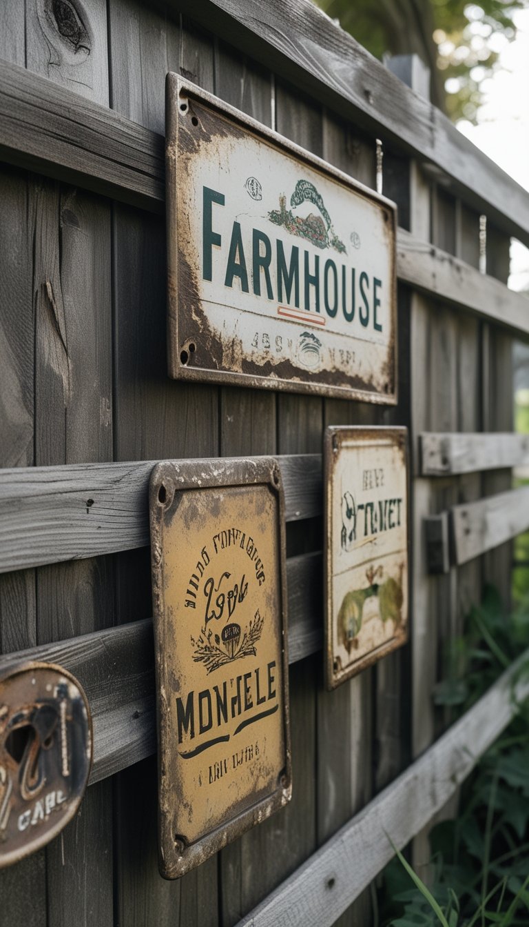 A cluster of antique enamel signs attached to a wooden fence outdoors with greenery in the background.