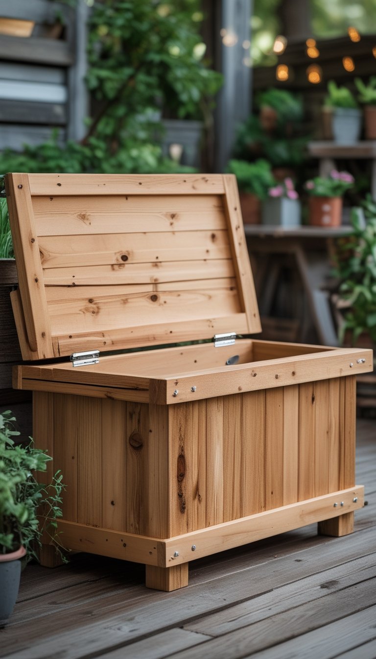 A cedar wood storage bench with an open flip-top lid on a wooden patio surrounded by plants.
