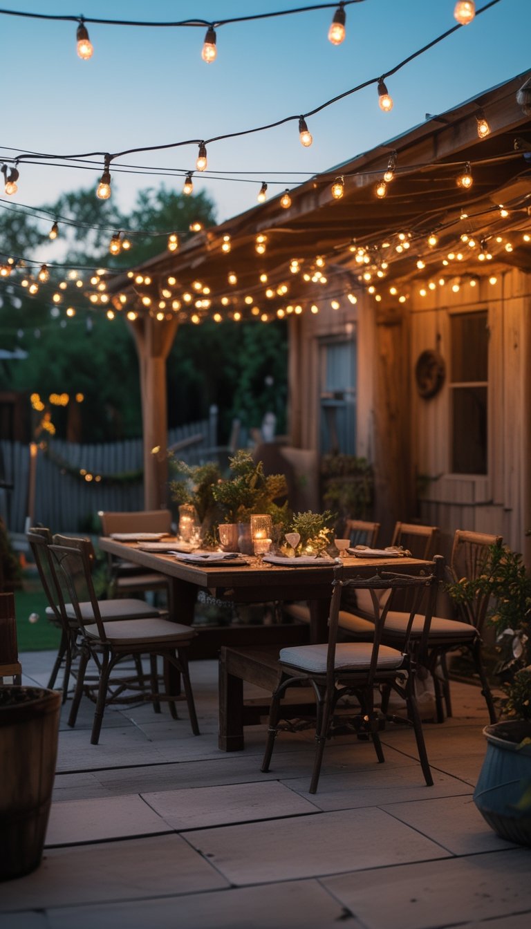 Outdoor dining area with a wooden table and string lights overhead at dusk.