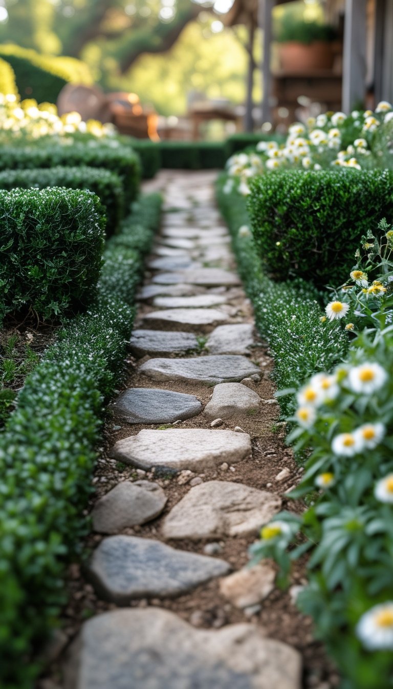 Stone pathway lined with green boxwood shrubs and white chamomile flowers in an outdoor garden setting.