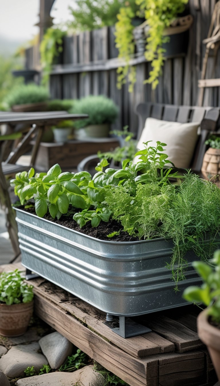 A galvanized metal trough filled with fresh herbs on a rustic outdoor patio with wooden furniture and plants.