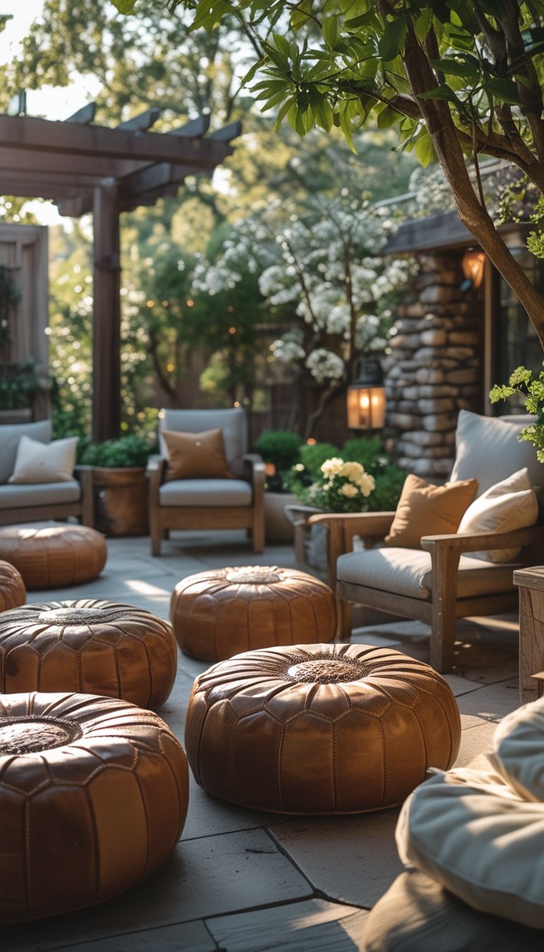 Outdoor patio with worn leather poufs arranged for seating surrounded by wooden furniture and plants.