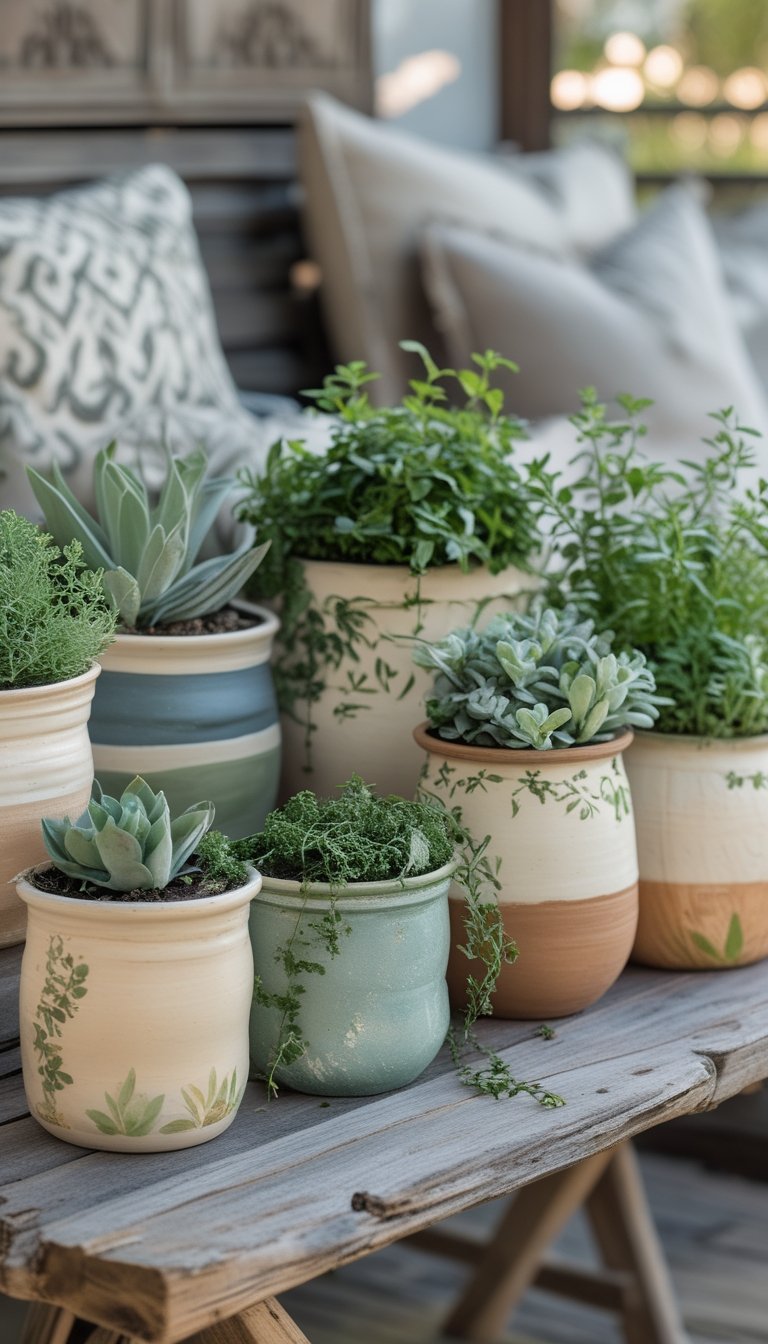 A variety of hand-painted ceramic planters with green plants arranged on a wooden outdoor patio table.