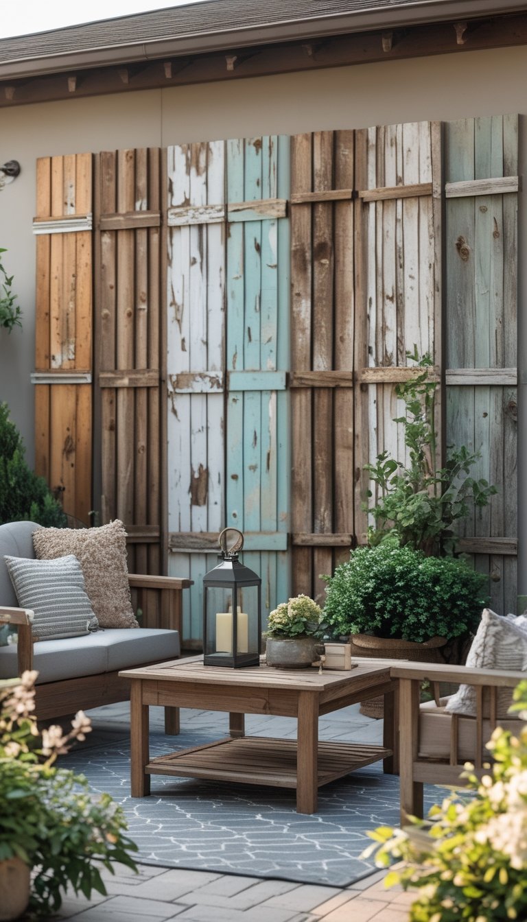 Outdoor patio with wooden shutters on the wall, seating area, plants, and decorative items.