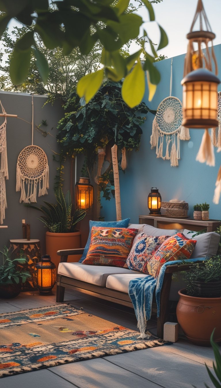 An outdoor patio with wooden furniture, colorful cushions, plants, and warm lighting under a clear sky.