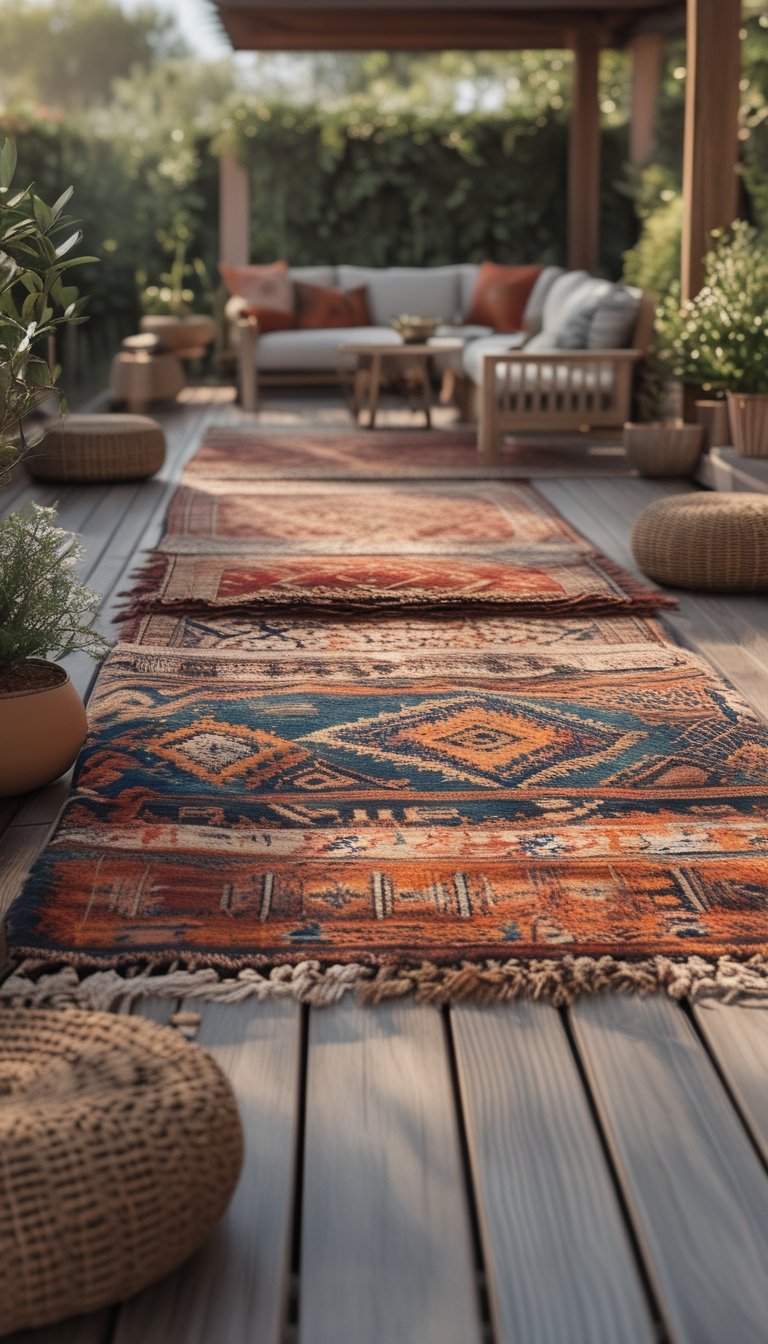 An outdoor patio with layered patterned rugs, surrounded by plants and comfortable seating.