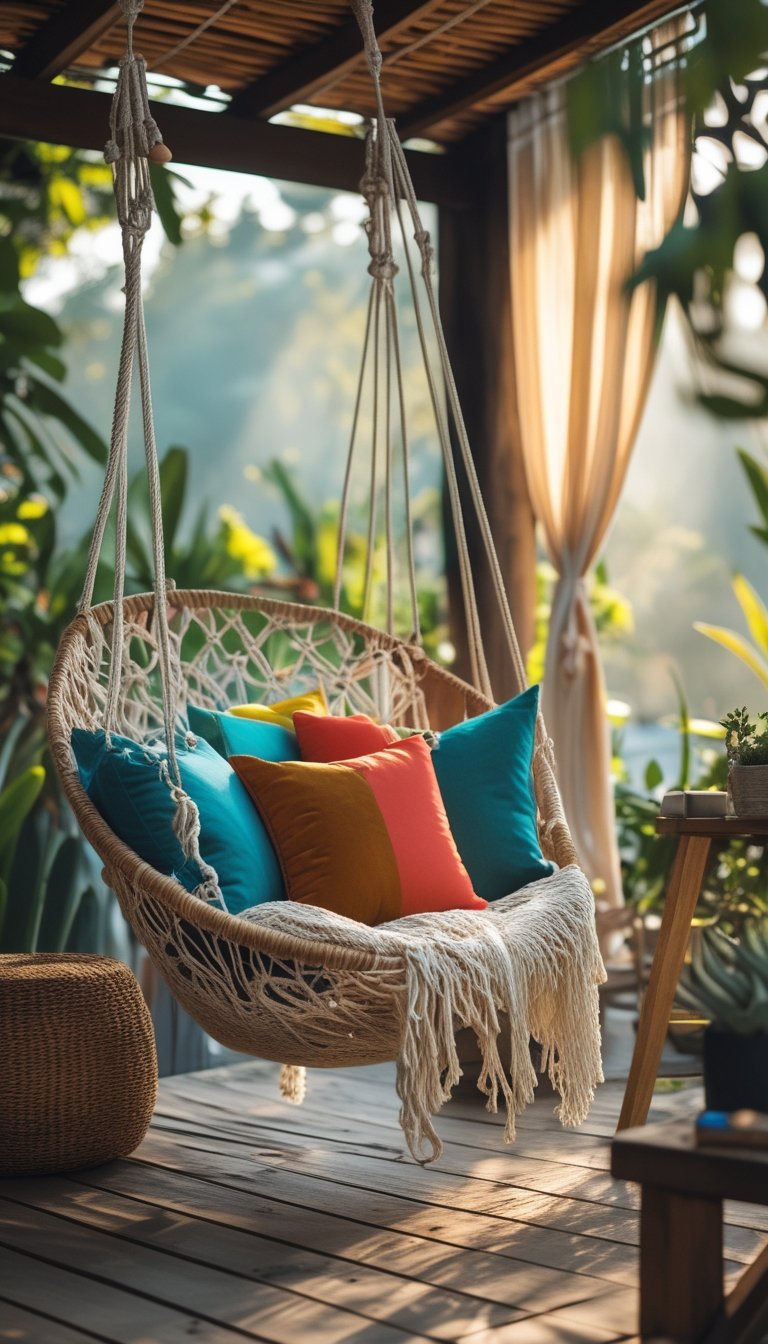Outdoor patio with a hanging macramé chair filled with colorful throw pillows surrounded by plants and natural wooden elements.