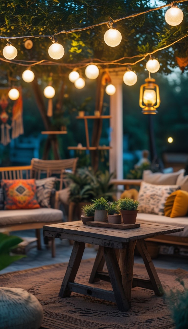Outdoor patio with string globe lights and vintage lanterns hanging above a wooden table surrounded by plants.